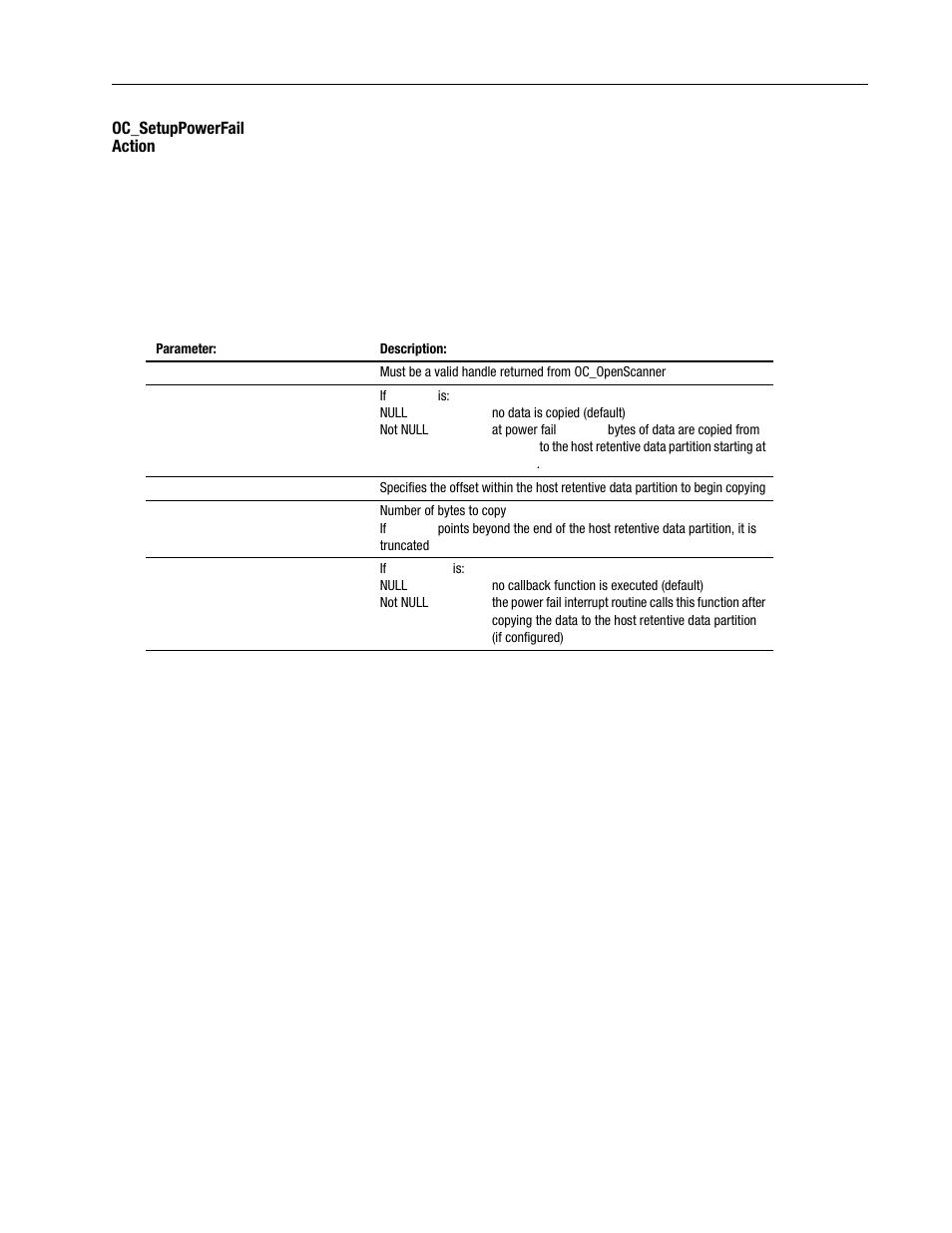 Oc_setuppowerfail, Action -75 | Rockwell Automation 1747-PCINT API Software for 1746 I/O User Manual | Page 129 / 155