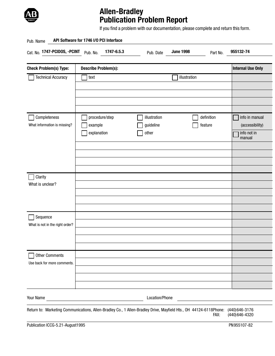 Allen-bradley publication problem report | Rockwell Automation 1747-PCINT API Software for 1746 I/O User Manual | Page 153 / 155