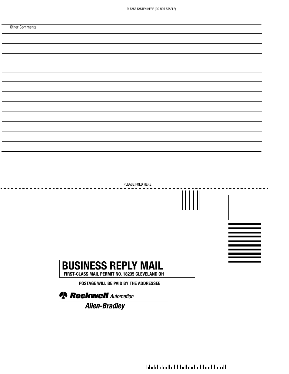 Business reply mail | Rockwell Automation 1747-PCINT API Software for 1746 I/O User Manual | Page 154 / 155