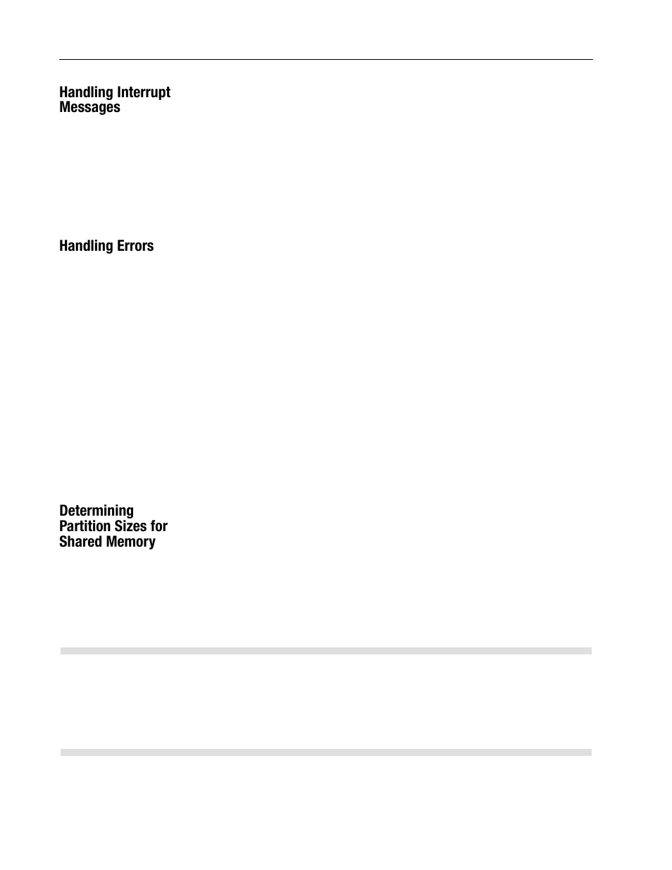 Handling interrupt messages, Handling errors, Determining partition sizes for shared memory | Rockwell Automation 1747-PCINT API Software for 1746 I/O User Manual | Page 44 / 155