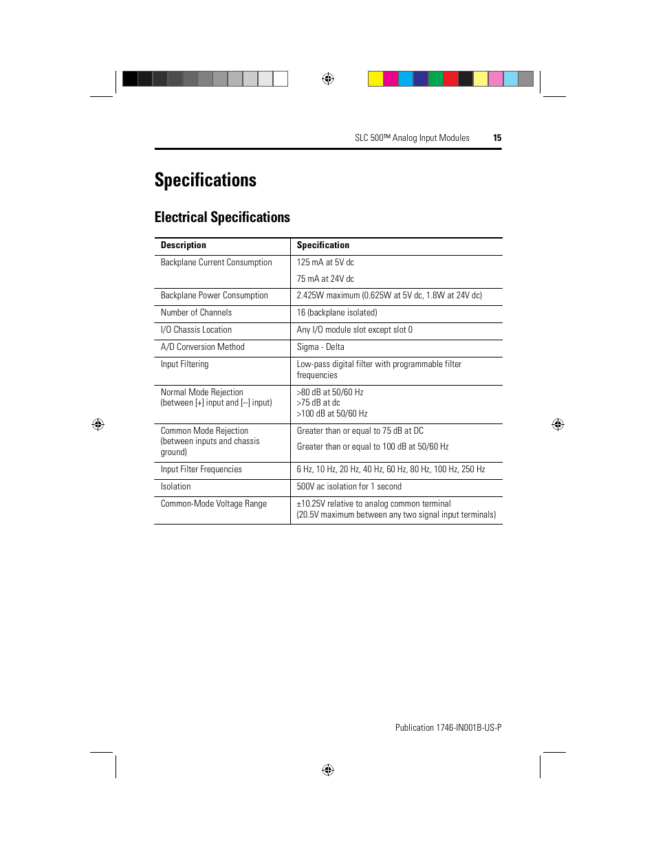 Specifications, Electrical specifications | Rockwell Automation 1746-NI16V SLC 500 Analog I/O Modules User Manual | Page 15 / 20