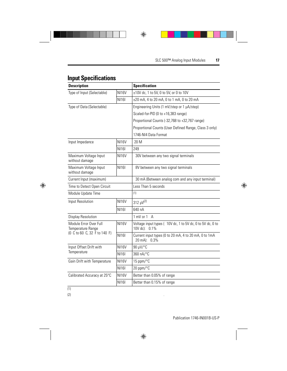 Input specifications | Rockwell Automation 1746-NI16V SLC 500 Analog I/O Modules User Manual | Page 17 / 20