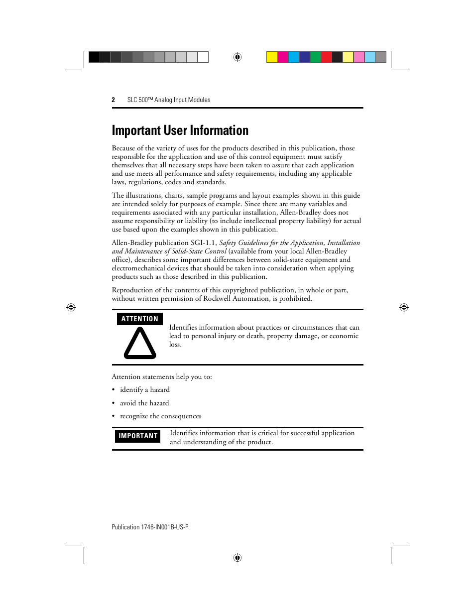 Important user information | Rockwell Automation 1746-NI16V SLC 500 Analog I/O Modules User Manual | Page 2 / 20