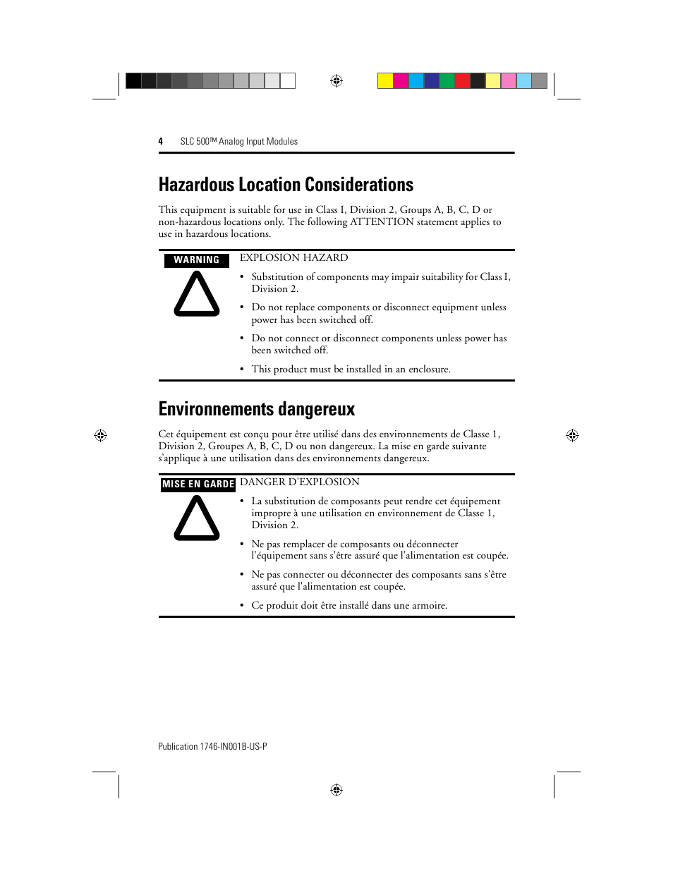 Hazardous location considerations, Environnements dangereux | Rockwell Automation 1746-NI16V SLC 500 Analog I/O Modules User Manual | Page 4 / 20