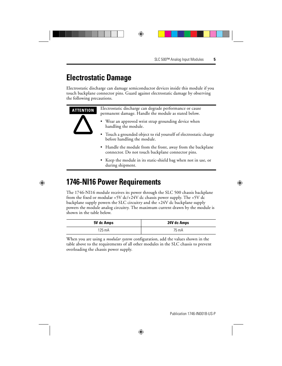 Electrostatic damage, 1746-ni16 power requirements | Rockwell Automation 1746-NI16V SLC 500 Analog I/O Modules User Manual | Page 5 / 20