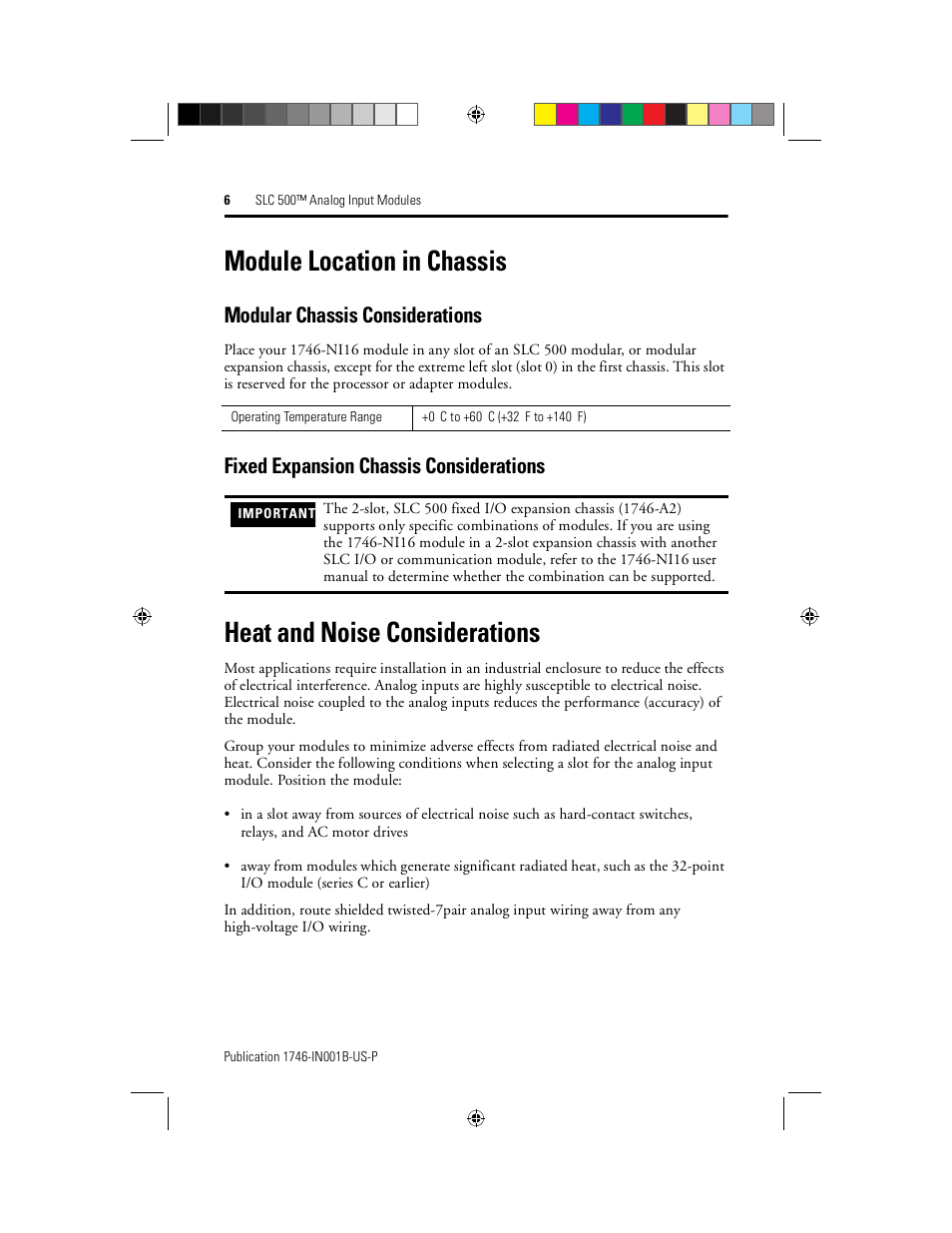 Module location in chassis, Modular chassis considerations, Fixed expansion chassis considerations | Heat and noise considerations | Rockwell Automation 1746-NI16V SLC 500 Analog I/O Modules User Manual | Page 6 / 20