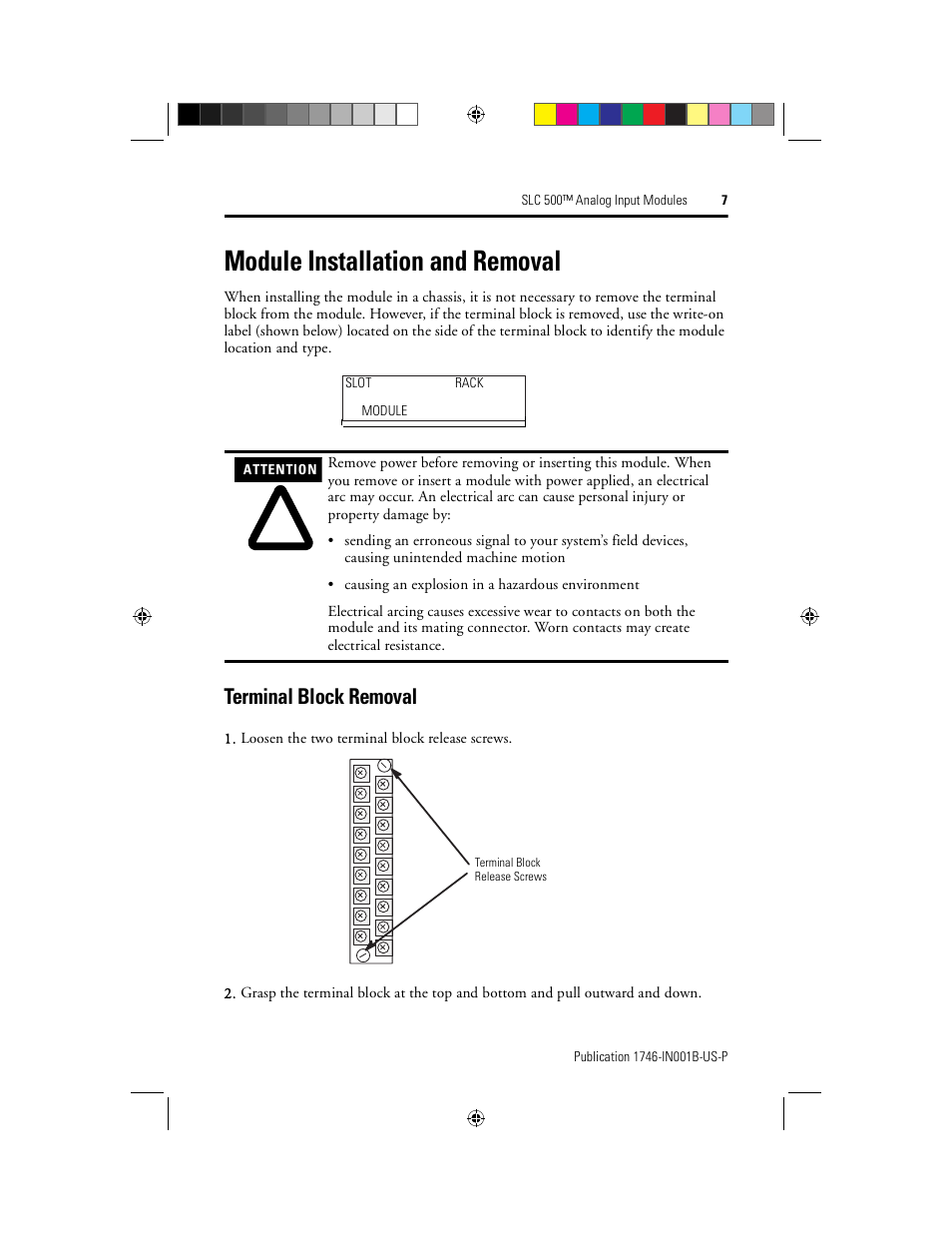 Module installation and removal, Terminal block removal | Rockwell Automation 1746-NI16V SLC 500 Analog I/O Modules User Manual | Page 7 / 20