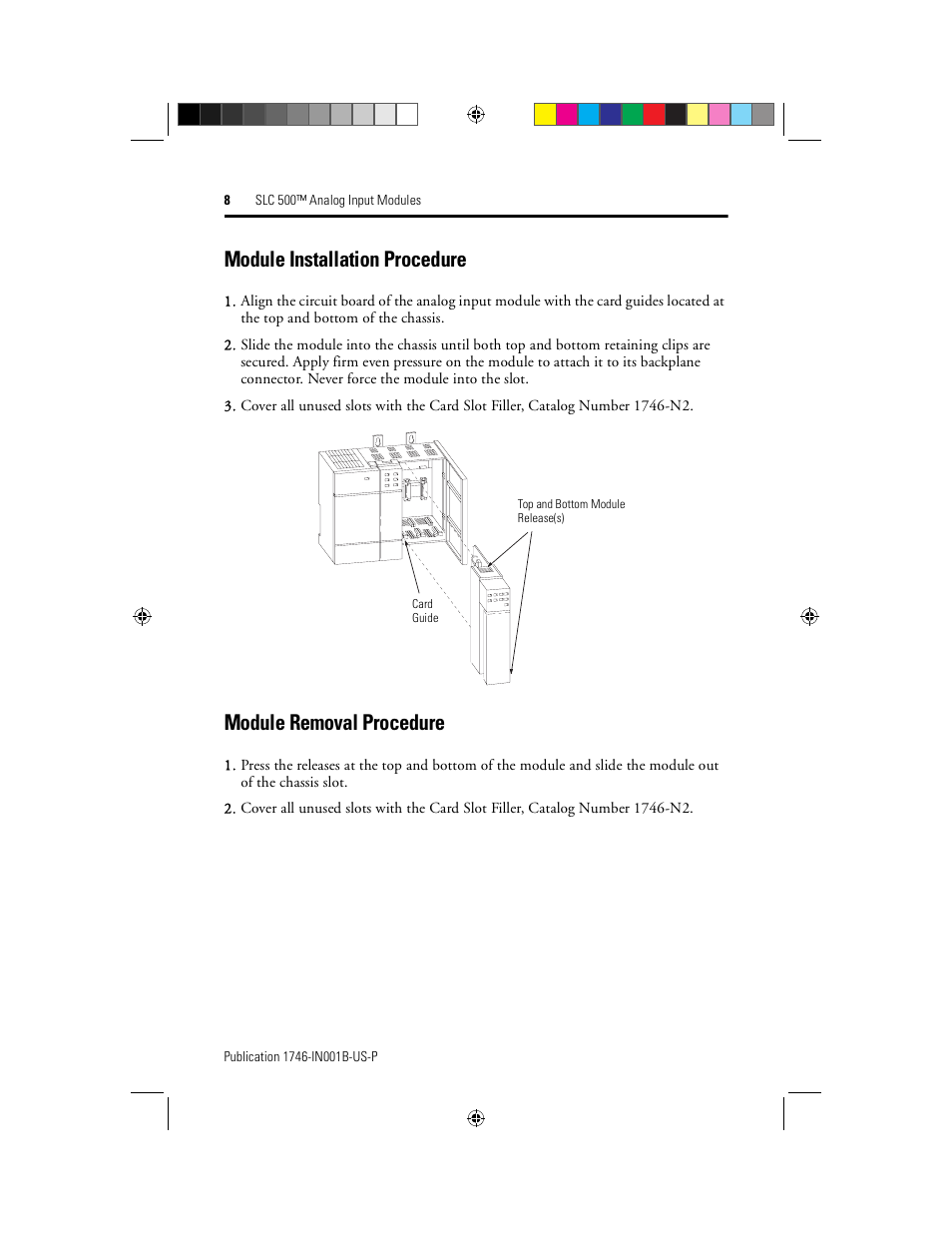 Module installation procedure, Module removal procedure | Rockwell Automation 1746-NI16V SLC 500 Analog I/O Modules User Manual | Page 8 / 20