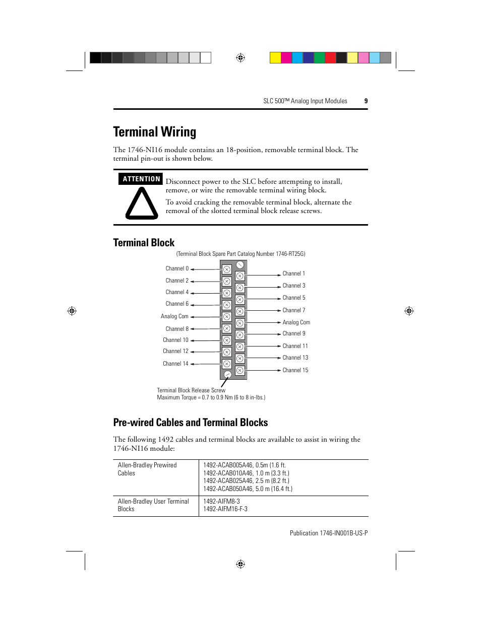 Terminal wiring, Terminal block, Pre-wired cables and terminal blocks | Rockwell Automation 1746-NI16V SLC 500 Analog I/O Modules User Manual | Page 9 / 20
