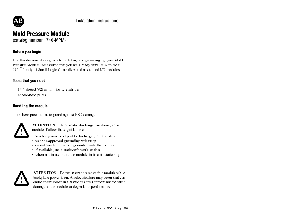 Rockwell Automation 1746-MPM INSTALL INSTRUC MOLD PRESSURE User Manual | 24 pages