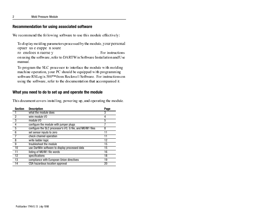 Recommendation for using associated software | Rockwell Automation 1746-MPM INSTALL INSTRUC MOLD PRESSURE User Manual | Page 2 / 24