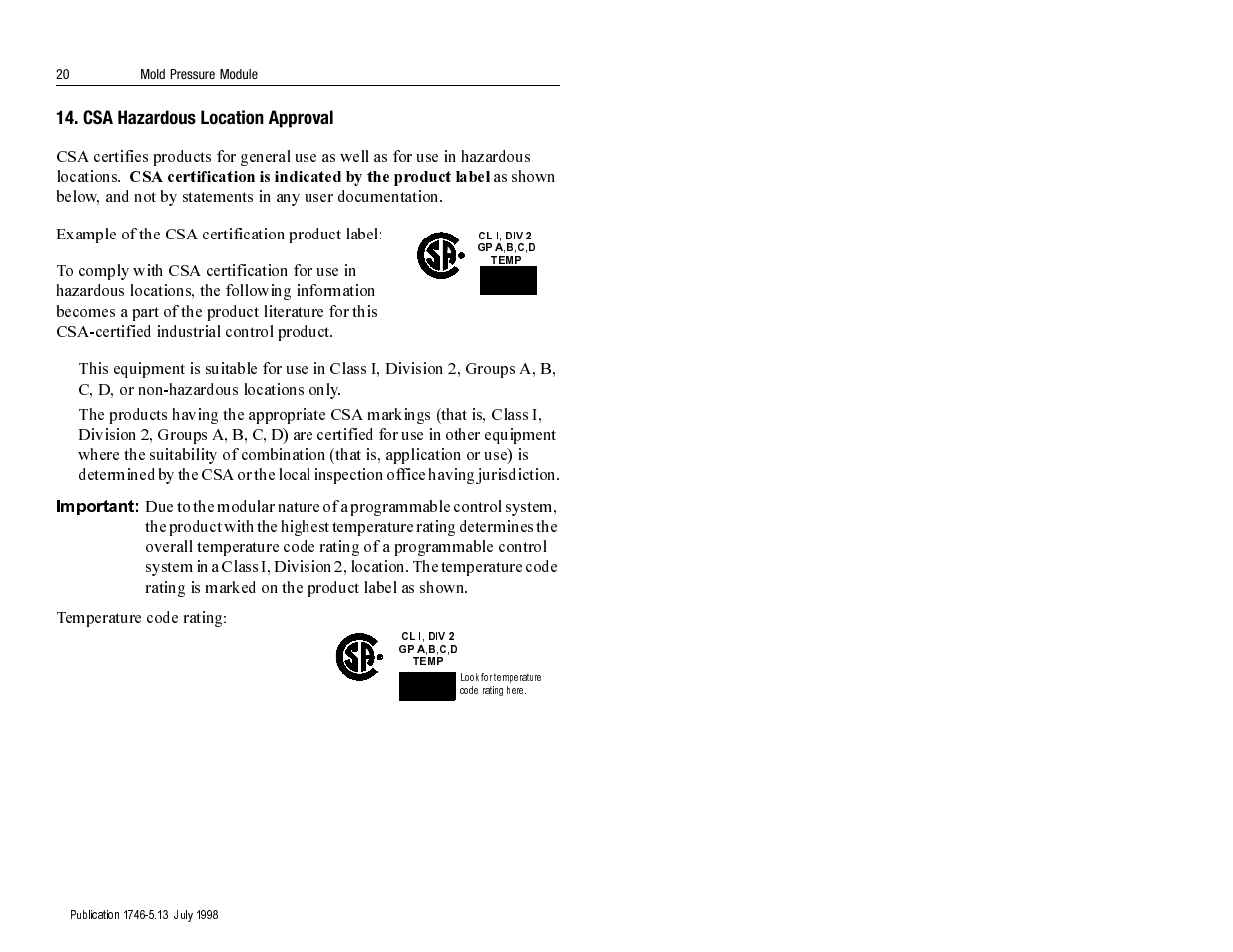 Important | Rockwell Automation 1746-MPM INSTALL INSTRUC MOLD PRESSURE User Manual | Page 20 / 24