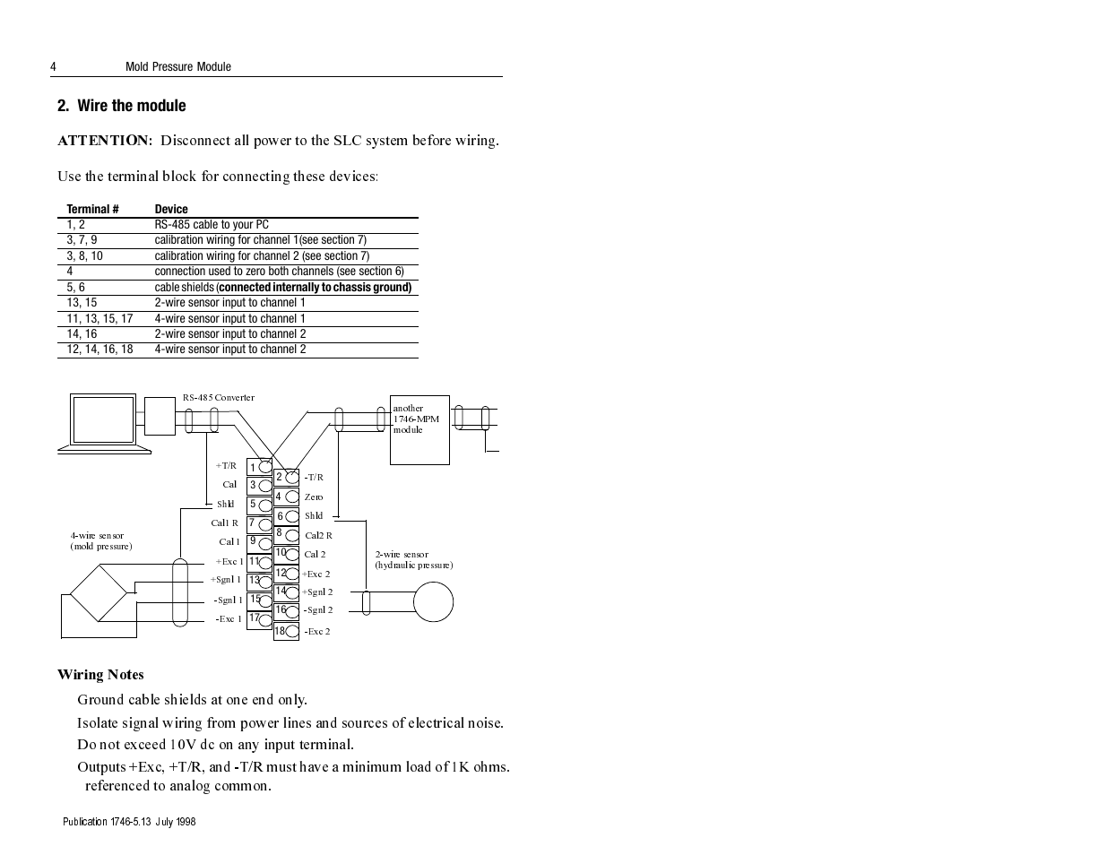 Attention, Ground cable shields at one end only, Do not exceed 10v dc on any input terminal | Rockwell Automation 1746-MPM INSTALL INSTRUC MOLD PRESSURE User Manual | Page 4 / 24