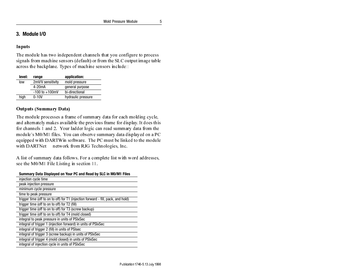 Inputs, Outputs (summary data) | Rockwell Automation 1746-MPM INSTALL INSTRUC MOLD PRESSURE User Manual | Page 5 / 24