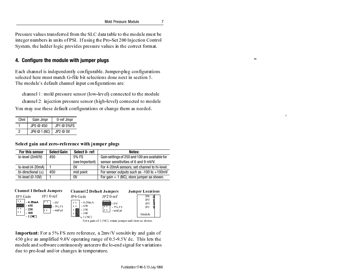 Select gain and zero-reference with jumper plugs, Important | Rockwell Automation 1746-MPM INSTALL INSTRUC MOLD PRESSURE User Manual | Page 7 / 24