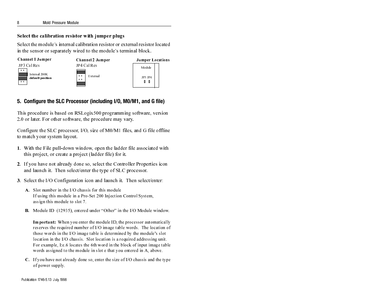 Select the calibration resistor with jumper plugs | Rockwell Automation 1746-MPM INSTALL INSTRUC MOLD PRESSURE User Manual | Page 8 / 24
