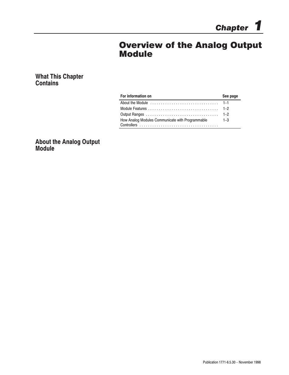 Overview of the analog output module, Chapter | Rockwell Automation 1771-OFE/B Analog Output Module User Manual User Manual | Page 11 / 84