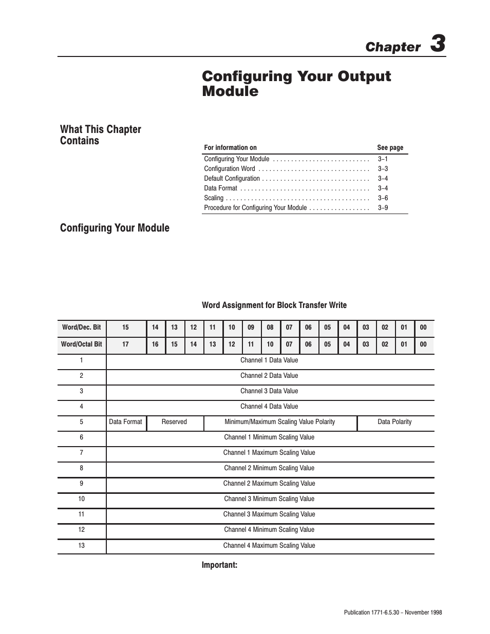 Configuring your output module, Chapter, What this chapter contains configuring your module | Rockwell Automation 1771-OFE/B Analog Output Module User Manual User Manual | Page 27 / 84