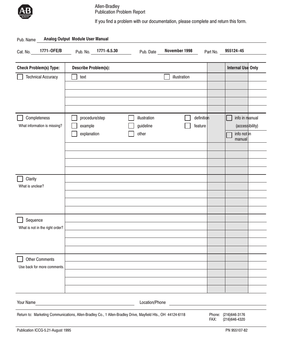 Rockwell Automation 1771-OFE/B Analog Output Module User Manual User Manual | Page 81 / 84