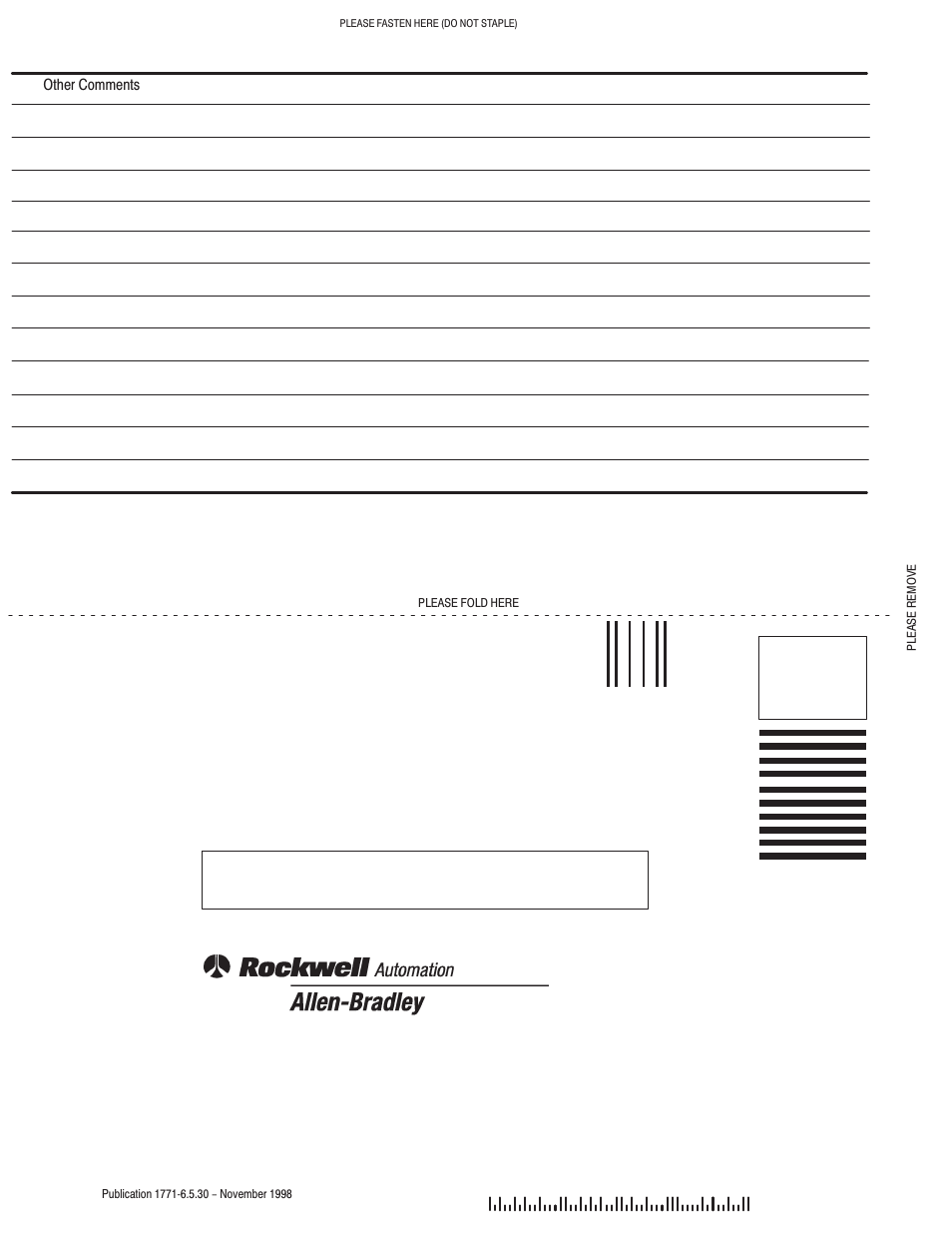 Business reply mail | Rockwell Automation 1771-OFE/B Analog Output Module User Manual User Manual | Page 82 / 84