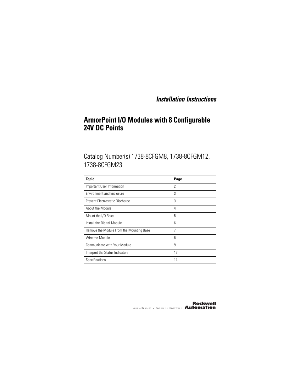Rockwell Automation 1738-8CFGM23 ArmorPoint Module with Configurable 24V DC Points User Manual | 20 pages
