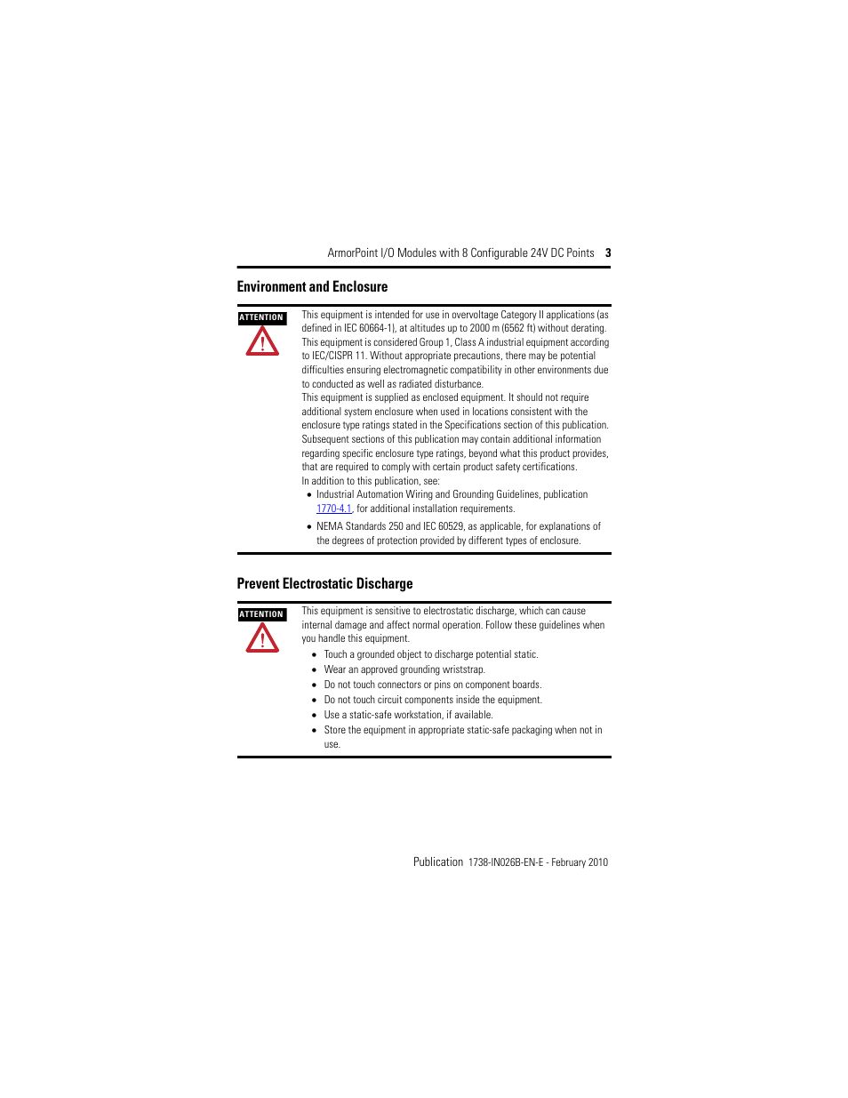 Environment and enclosure, Prevent electrostatic discharge | Rockwell Automation 1738-8CFGM23 ArmorPoint Module with Configurable 24V DC Points User Manual | Page 3 / 20