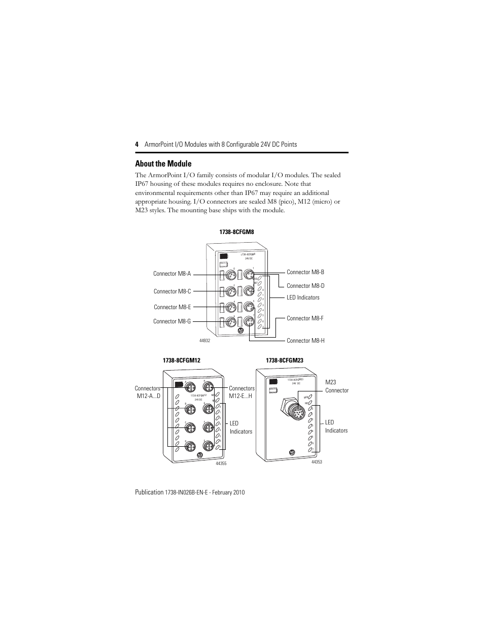 About the module, Connector m8-a led indicators | Rockwell Automation 1738-8CFGM23 ArmorPoint Module with Configurable 24V DC Points User Manual | Page 4 / 20