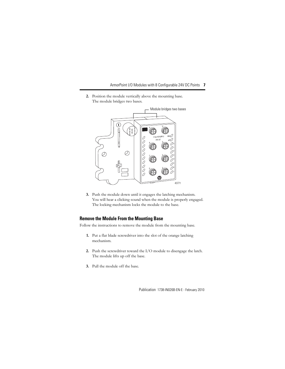 Remove the module from the mounting base | Rockwell Automation 1738-8CFGM23 ArmorPoint Module with Configurable 24V DC Points User Manual | Page 7 / 20
