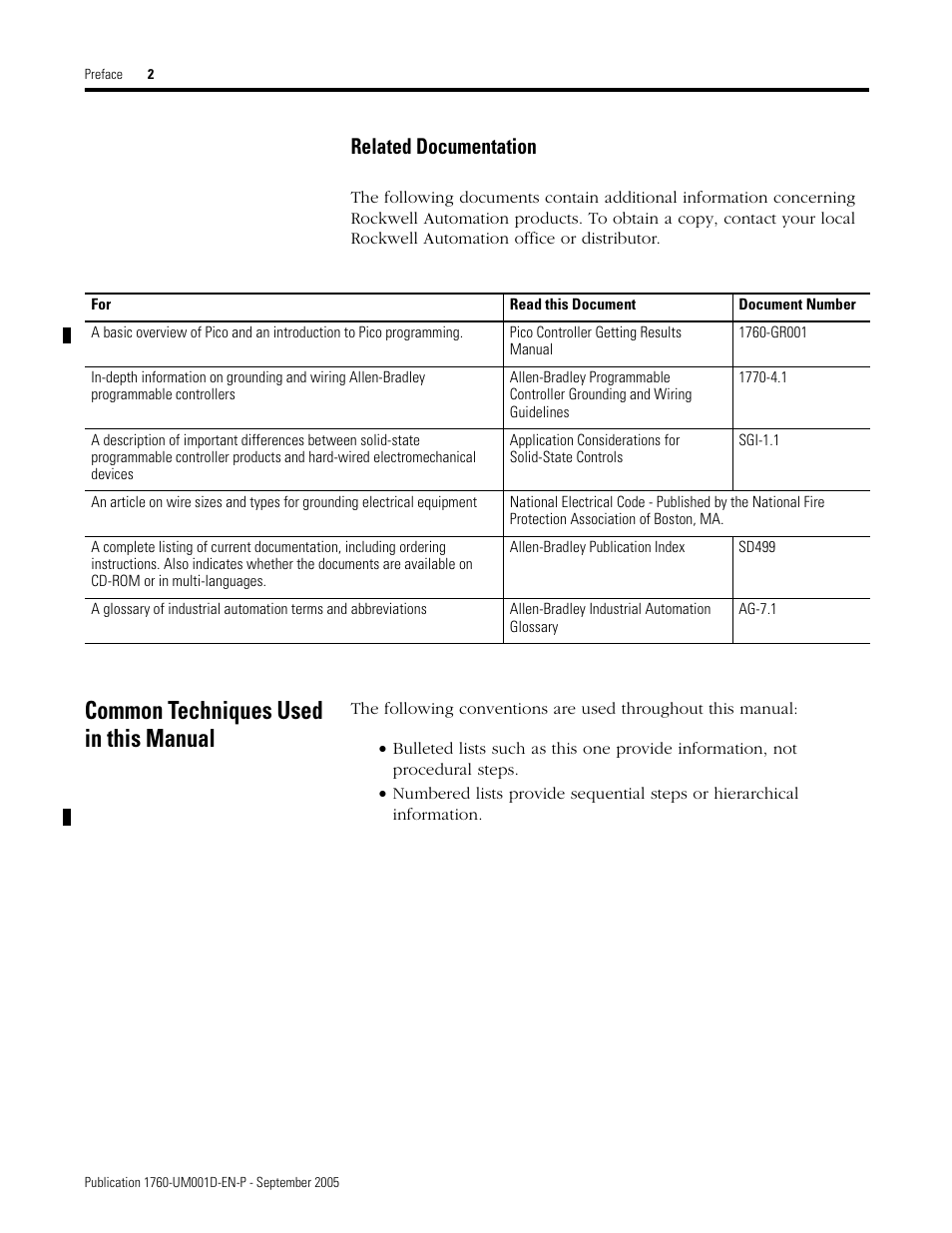 Common techniques used in this manual, Related documentation | Rockwell Automation 1760-xxxx Pico Controller User Manual User Manual | Page 10 / 218