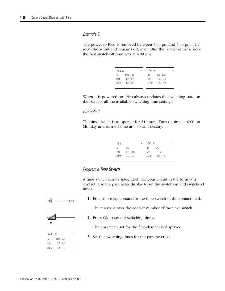 Example 5, Example 6, Program a time switch | Rockwell Automation 1760-xxxx Pico Controller User Manual User Manual | Page 106 / 218