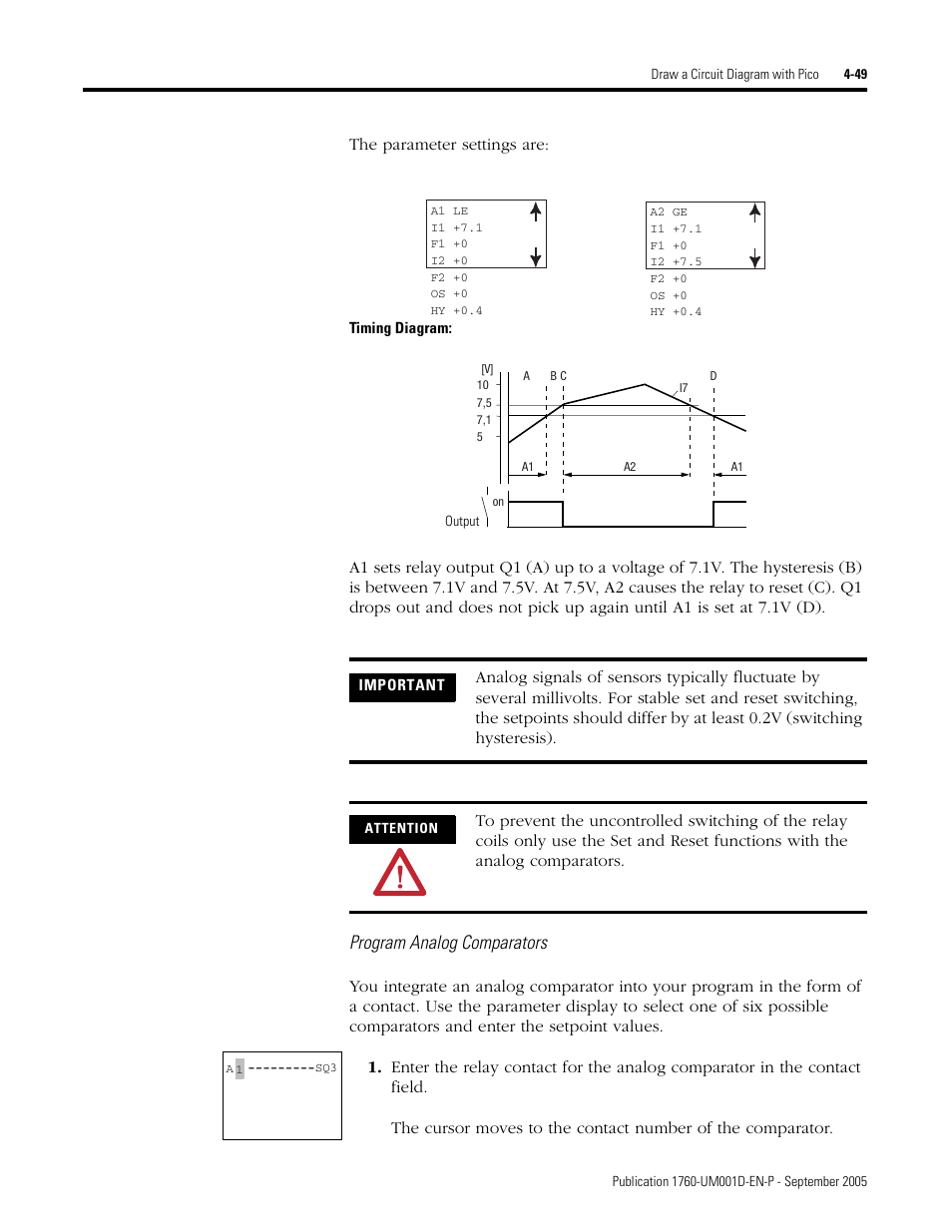 Program analog comparators, The parameter settings are | Rockwell Automation 1760-xxxx Pico Controller User Manual User Manual | Page 109 / 218
