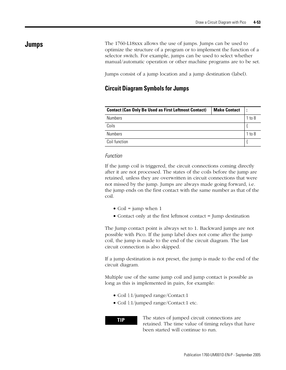 Jumps, Jumps -53, Circuit diagram symbols for jumps | Rockwell Automation 1760-xxxx Pico Controller User Manual User Manual | Page 113 / 218