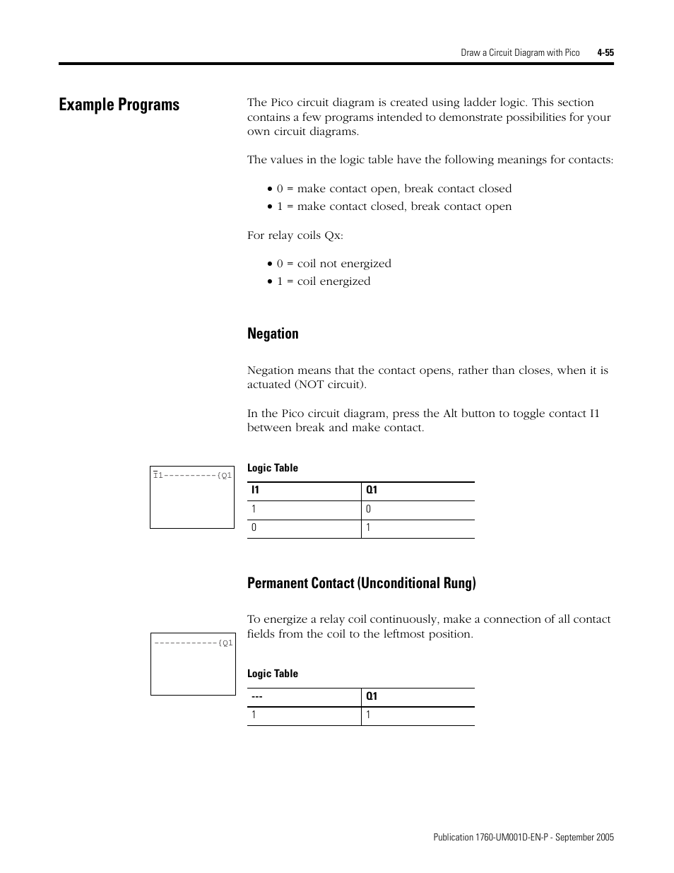 Example programs, Example programs -55, Negation | Permanent contact (unconditional rung) | Rockwell Automation 1760-xxxx Pico Controller User Manual User Manual | Page 115 / 218