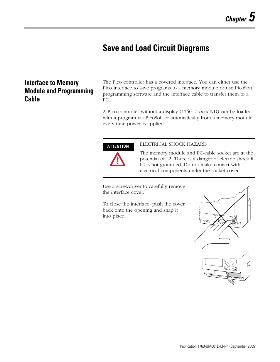 5 - save and load circuit diagrams, Interface to memory module and programming cable, Chapter 5 | Save and load circuit diagrams | Rockwell Automation 1760-xxxx Pico Controller User Manual User Manual | Page 125 / 218