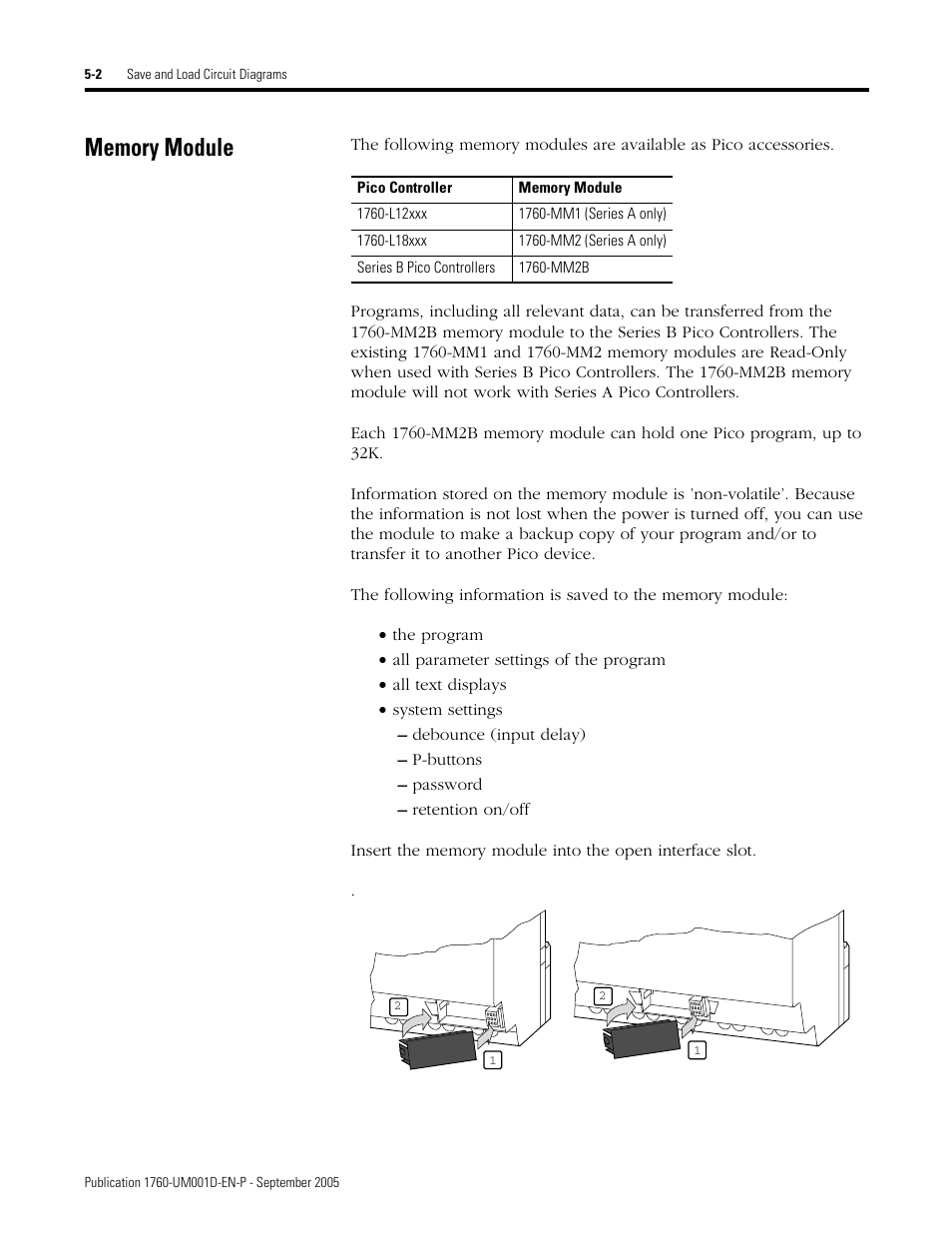 Memory module, Memory module -2 | Rockwell Automation 1760-xxxx Pico Controller User Manual User Manual | Page 126 / 218