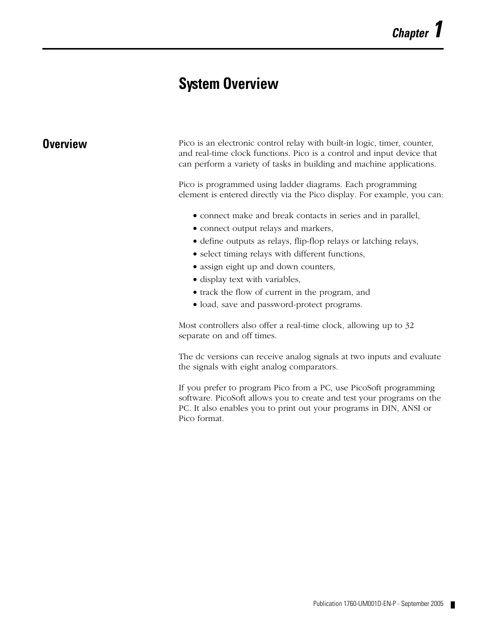 1 - system overview, Overview, Chapter 1 | System overview, Overview -1 | Rockwell Automation 1760-xxxx Pico Controller User Manual User Manual | Page 13 / 218