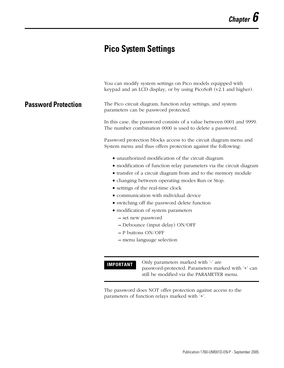 6 - pico system settings, Password protection, Chapter 6 | Pico system settings, Password protection -1, Chapter | Rockwell Automation 1760-xxxx Pico Controller User Manual User Manual | Page 133 / 218