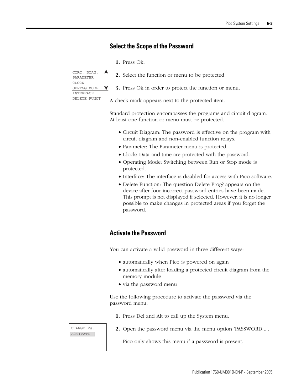 Select the scope of the password, Activate the password | Rockwell Automation 1760-xxxx Pico Controller User Manual User Manual | Page 135 / 218