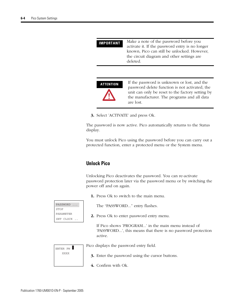 Unlock pico | Rockwell Automation 1760-xxxx Pico Controller User Manual User Manual | Page 136 / 218