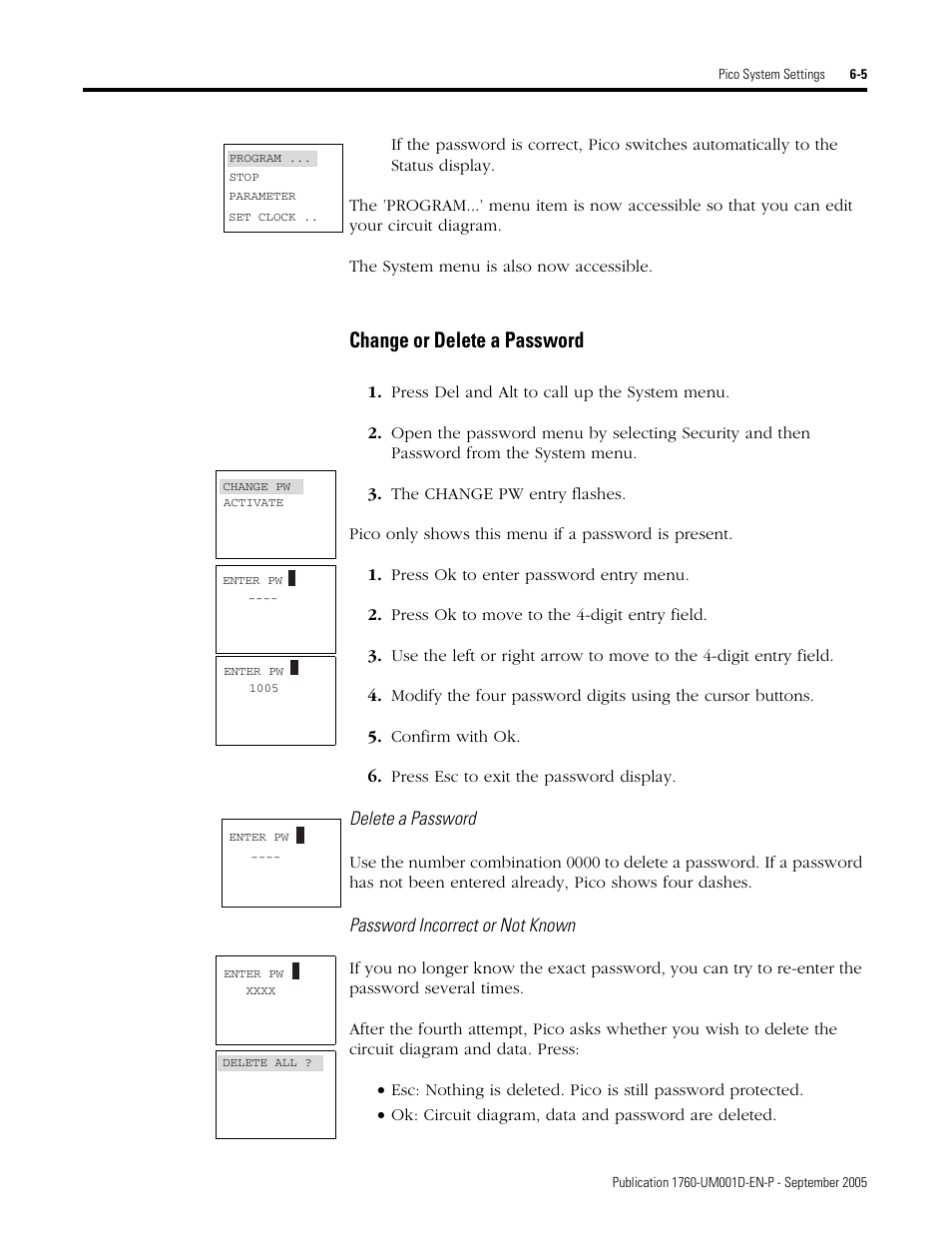 Change or delete a password | Rockwell Automation 1760-xxxx Pico Controller User Manual User Manual | Page 137 / 218