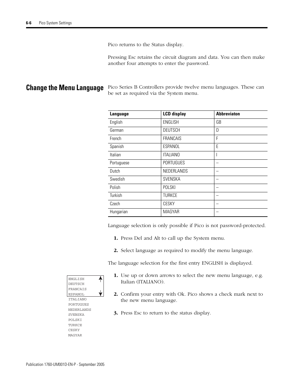 Change the menu language, Change the menu language -6 | Rockwell Automation 1760-xxxx Pico Controller User Manual User Manual | Page 138 / 218