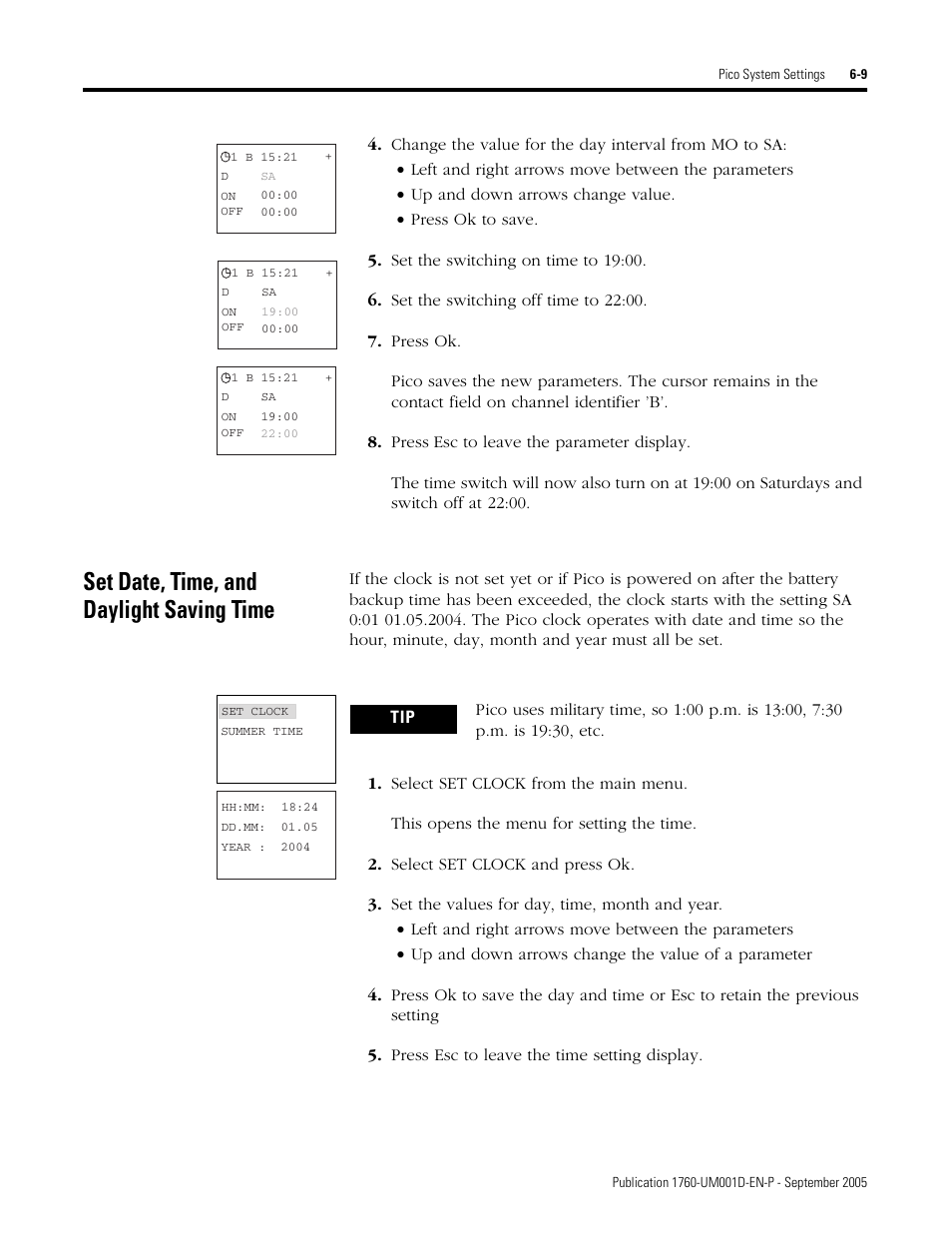 Set date, time, and daylight saving time, Set date, time, and daylight saving time -9 | Rockwell Automation 1760-xxxx Pico Controller User Manual User Manual | Page 141 / 218