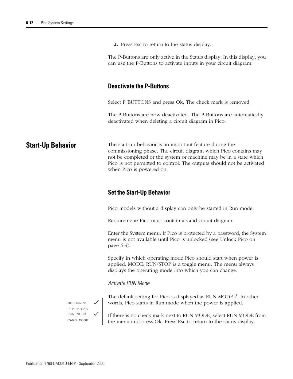 Start-up behavior, Start-up behavior -12, Deactivate the p-buttons | Set the start-up behavior | Rockwell Automation 1760-xxxx Pico Controller User Manual User Manual | Page 144 / 218