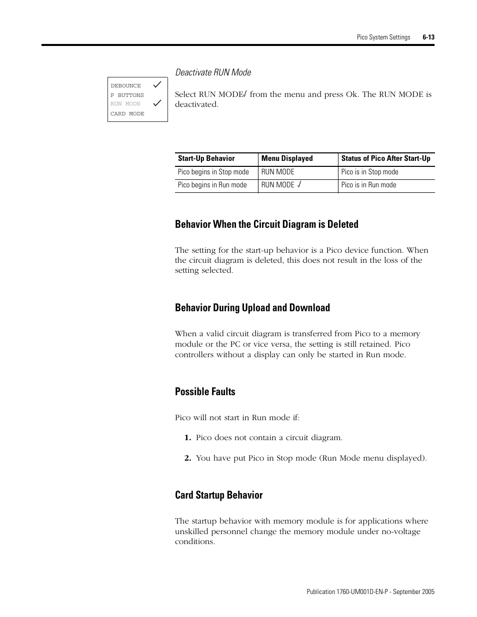 Behavior when the circuit diagram is deleted, Behavior during upload and download, Possible faults | Card startup behavior | Rockwell Automation 1760-xxxx Pico Controller User Manual User Manual | Page 145 / 218