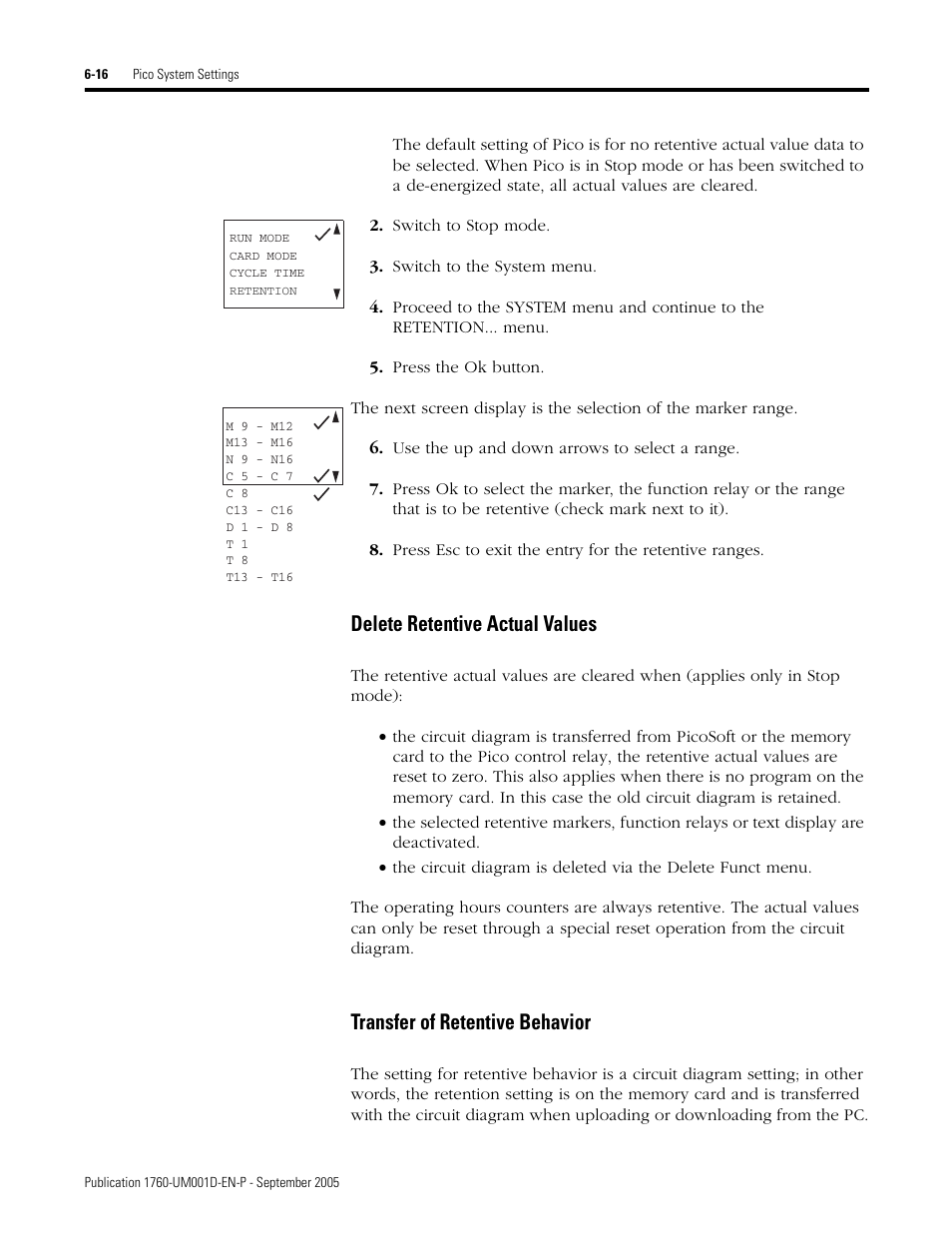 Delete retentive actual values, Transfer of retentive behavior | Rockwell Automation 1760-xxxx Pico Controller User Manual User Manual | Page 148 / 218