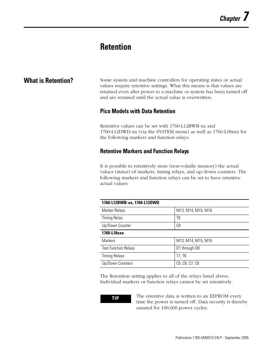 7 - retention, What is retention, Chapter 7 | Retention, What is retention? -1, Chapter | Rockwell Automation 1760-xxxx Pico Controller User Manual User Manual | Page 151 / 218