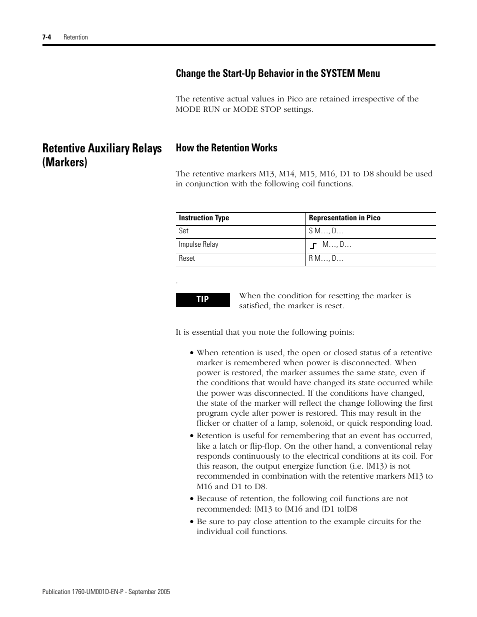 Retentive auxiliary relays (markers), Retentive auxiliary relays (markers) -4, Change the start-up behavior in the system menu | How the retention works | Rockwell Automation 1760-xxxx Pico Controller User Manual User Manual | Page 154 / 218