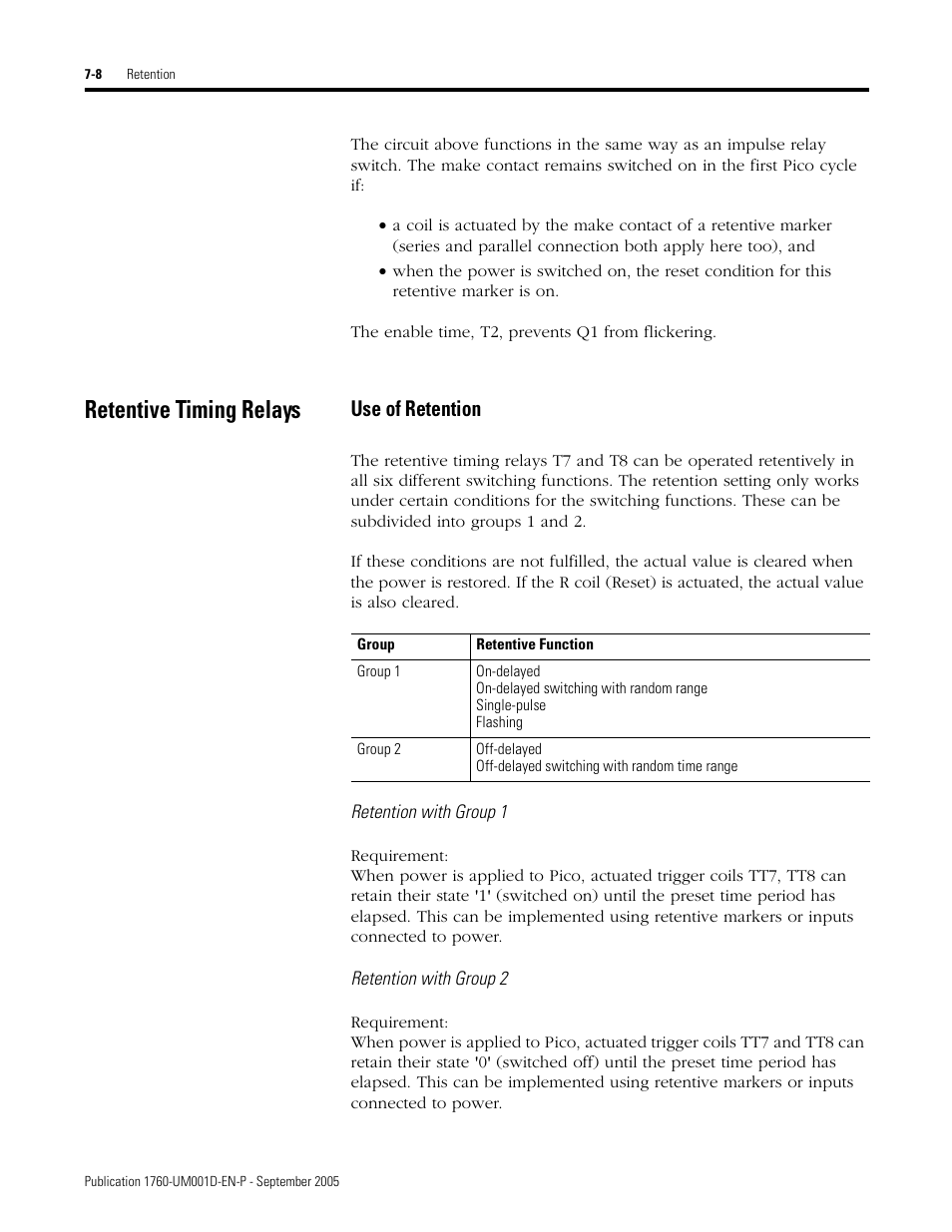 Retentive timing relays, Retentive timing relays -8, Use of retention | Rockwell Automation 1760-xxxx Pico Controller User Manual User Manual | Page 158 / 218