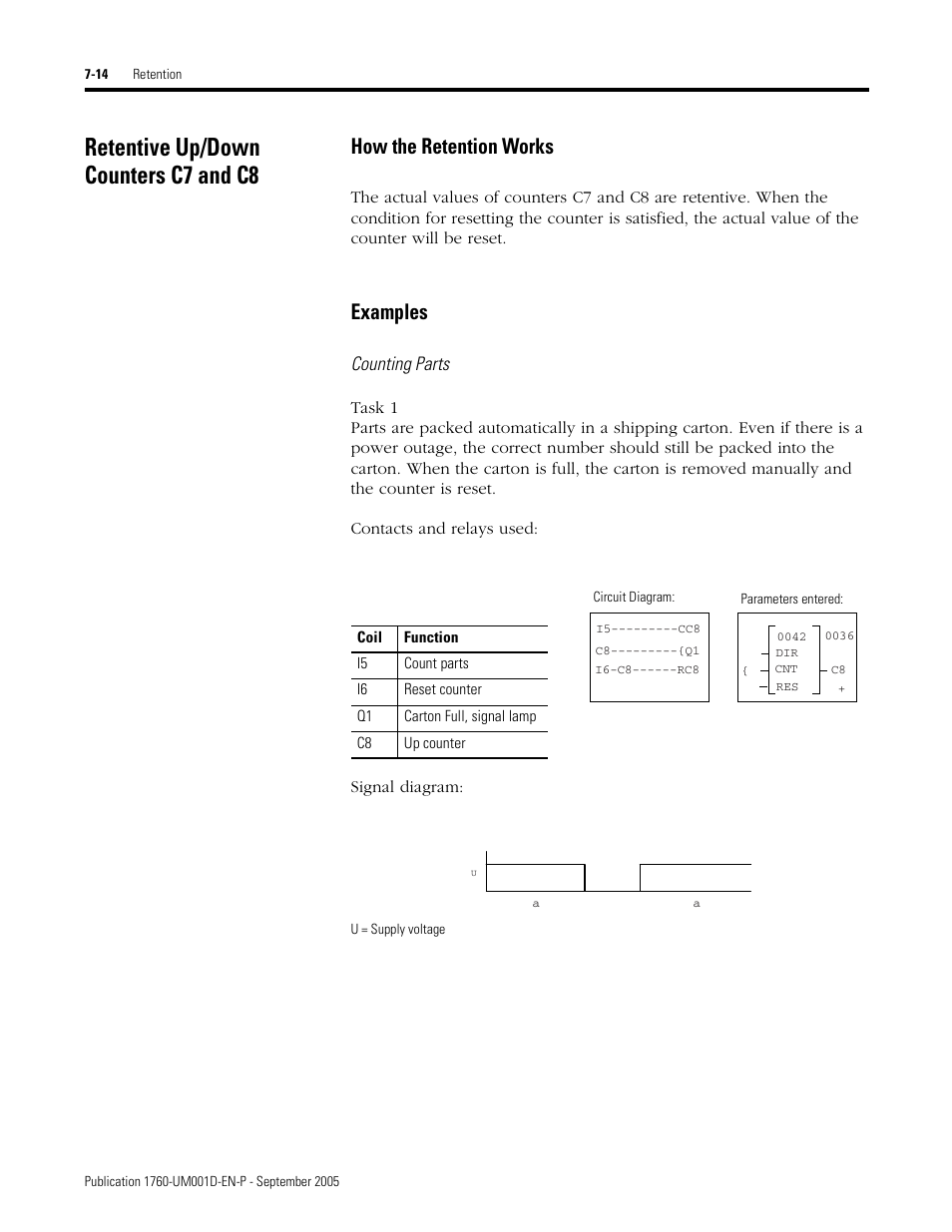 Retentive up/down counters c7 and c8, Retentive up/down counters c7 and c8 -14, How the retention works | Examples, Counting parts | Rockwell Automation 1760-xxxx Pico Controller User Manual User Manual | Page 164 / 218