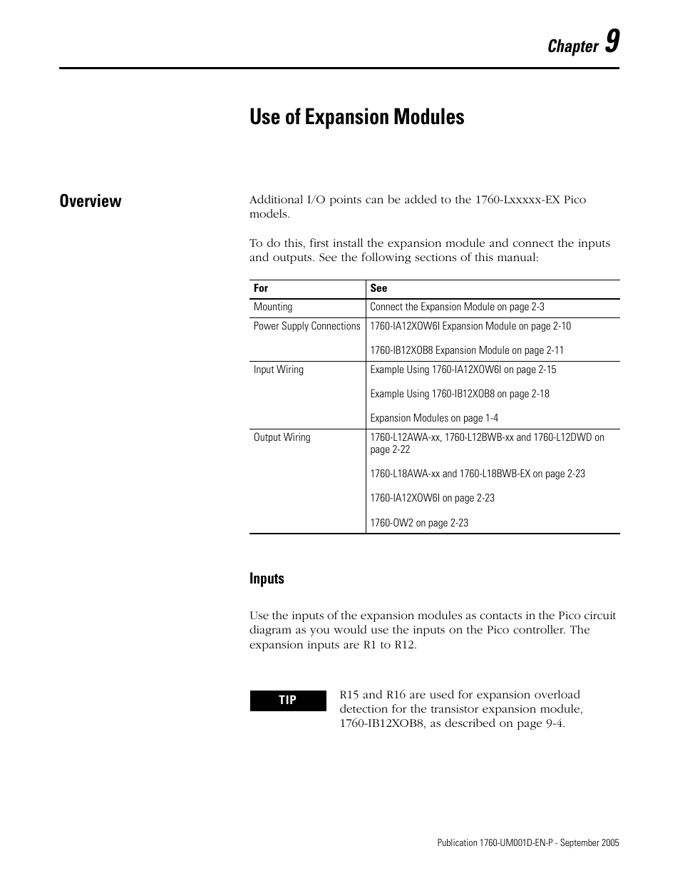9 - use of expansion modules, Overview, Chapter 9 | Use of expansion modules, Overview -1, Chapter | Rockwell Automation 1760-xxxx Pico Controller User Manual User Manual | Page 179 / 218
